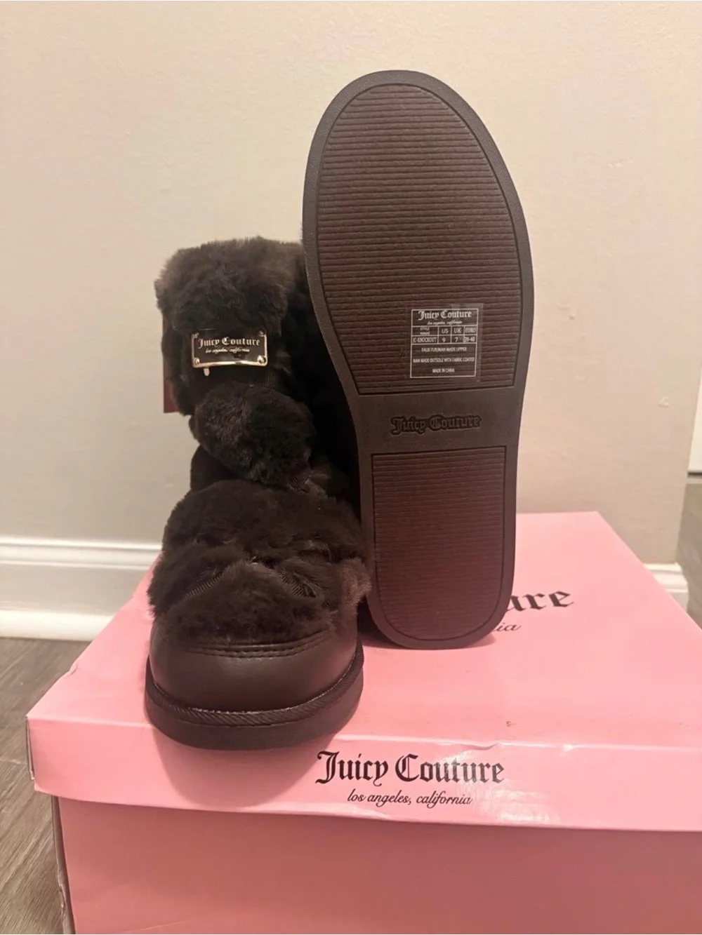 Juicy Couture Dark Brown Faux Fur Winter Boots with Logo Plaque